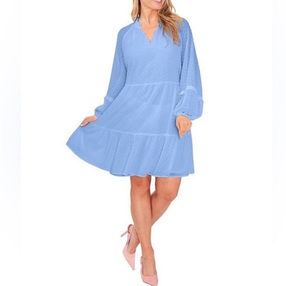 CeCe Split Neck Long Sleeve Clip Dot Tiered Babydoll Dress
